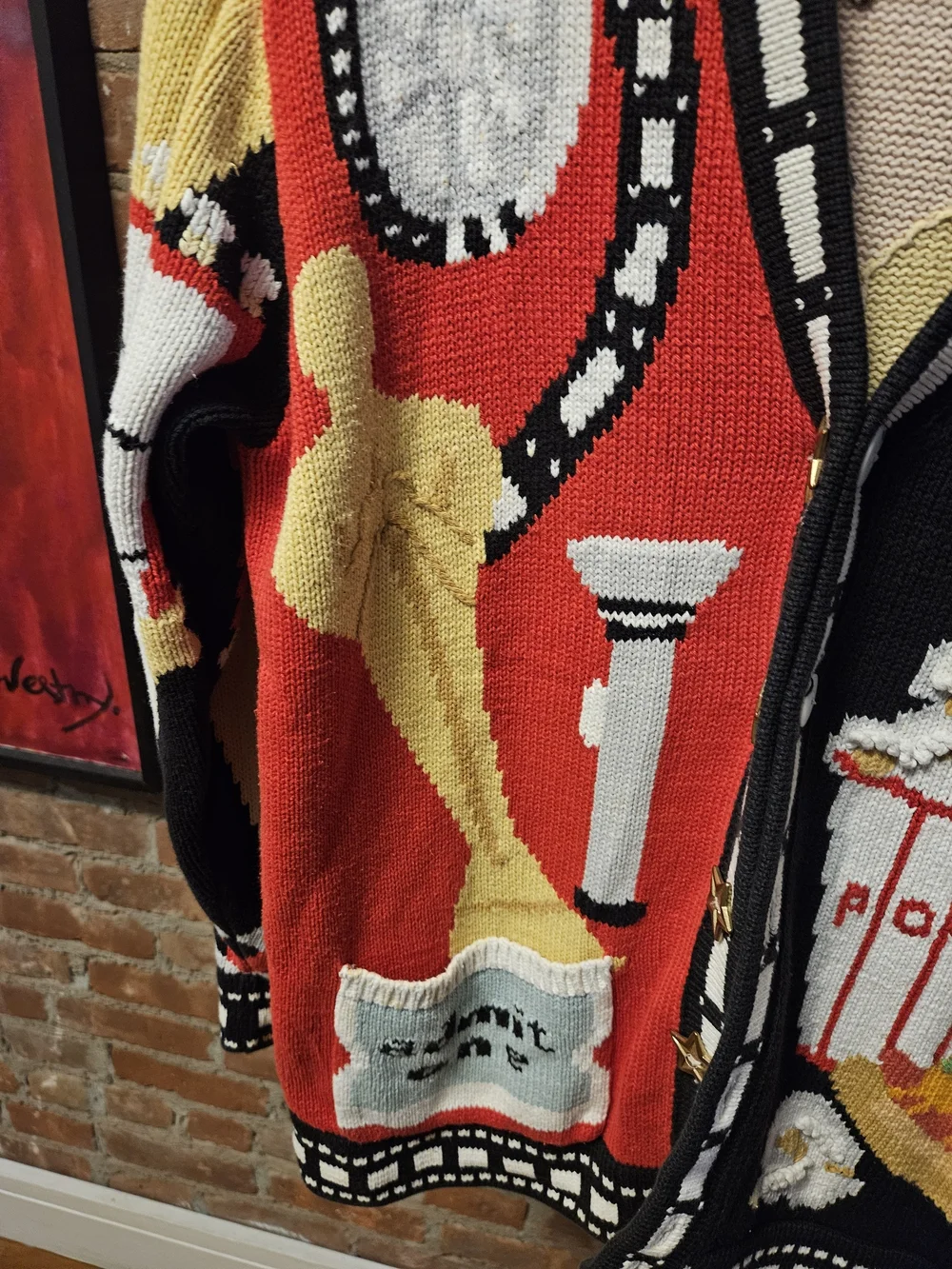 Oscar Themed Red and Black Novelty Knit Sweater Cardigan